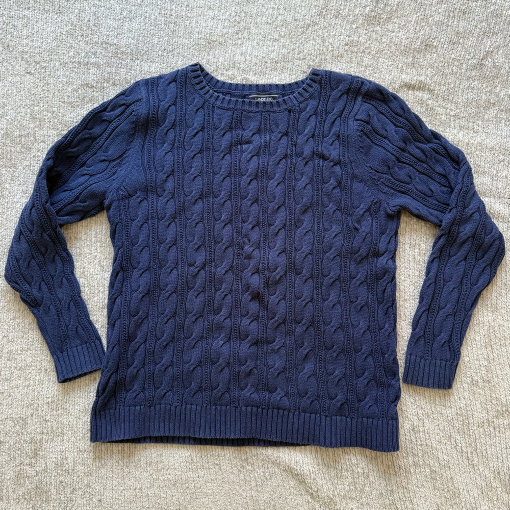 Lands’ End Navy Cable Knit Cotton Sweater Size L/T (14–16) Coastal Classic